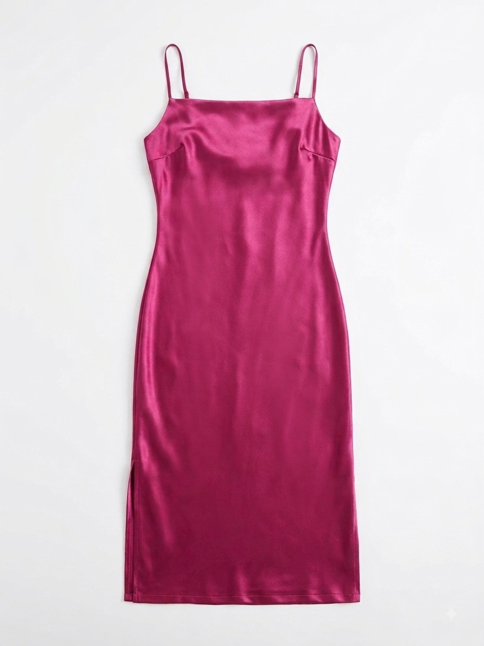 Xxxiticat Fuchsia Satin Slip Midi Dress with Spaghetti Straps